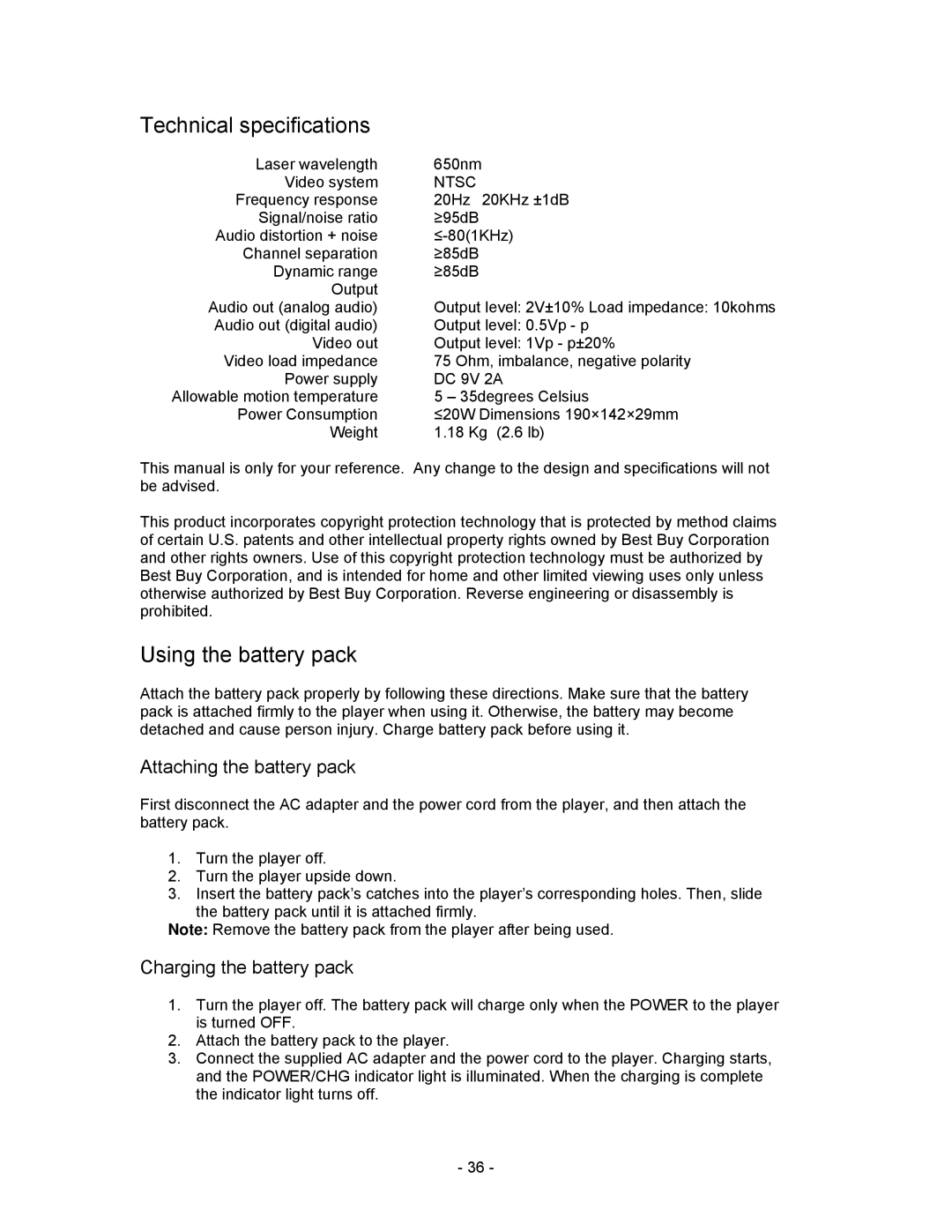 Insignia I-PD1020 important safety instructions Attaching the battery pack, Charging the battery pack 