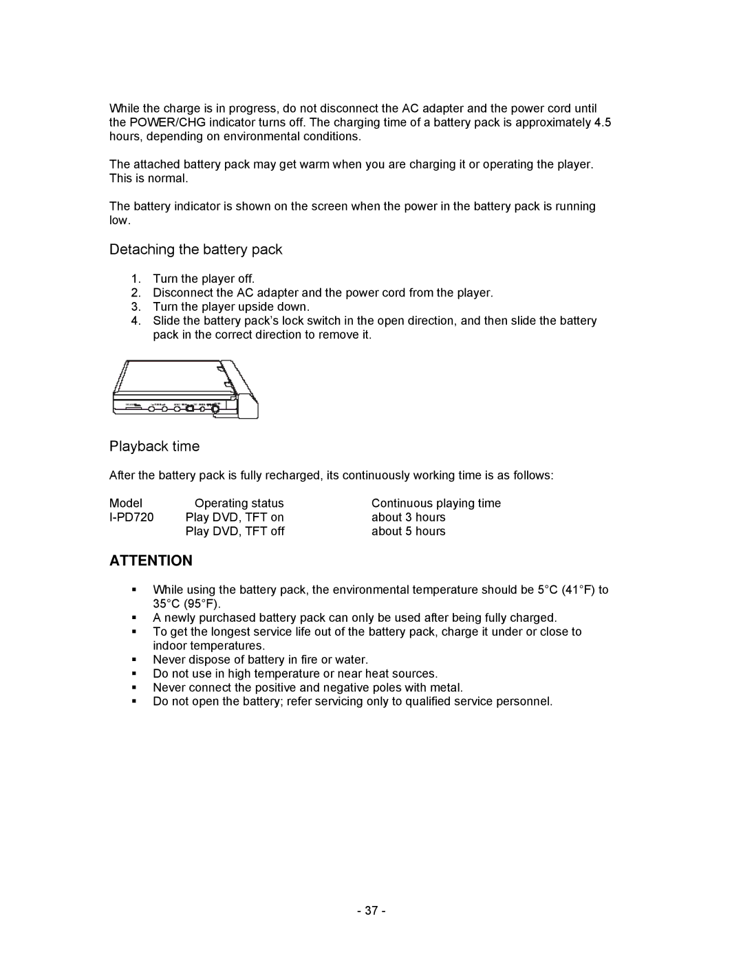 Insignia I-PD1020 important safety instructions Detaching the battery pack, Playback time 