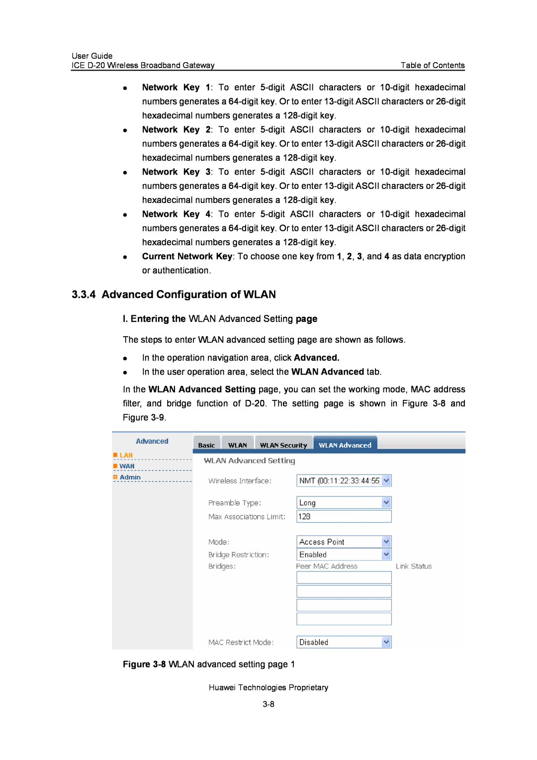 Insignia ICE D-20 EC506 manual Advanced Configuration of WLAN, I. Entering the WLAN Advanced Setting page 
