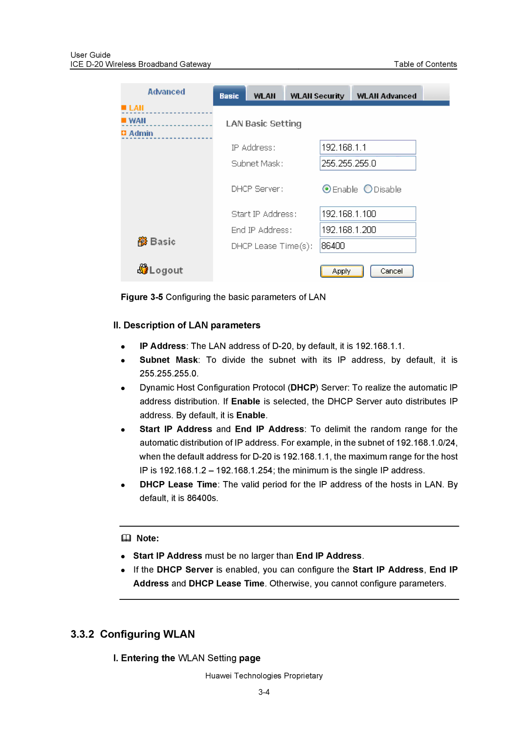 Insignia ICE D-20 EC506 manual Configuring Wlan, II. Description of LAN parameters, Entering the Wlan Setting 