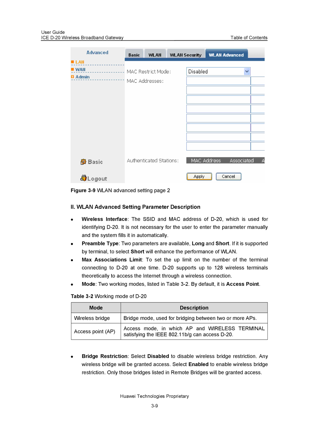 Insignia ICE D-20 EC506 manual II. Wlan Advanced Setting Parameter Description, Mode Description 