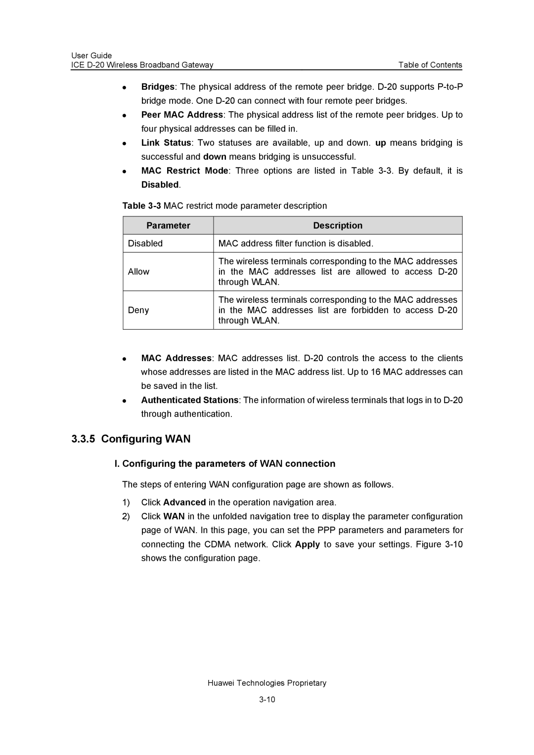 Insignia ICE D-20 EC506 manual Configuring WAN, Configuring the parameters of WAN connection, Parameter Description 