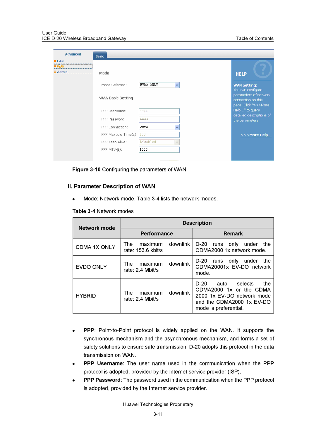 Insignia ICE D-20 EC506 manual II. Parameter Description of WAN, Network mode Description Performance Remark 