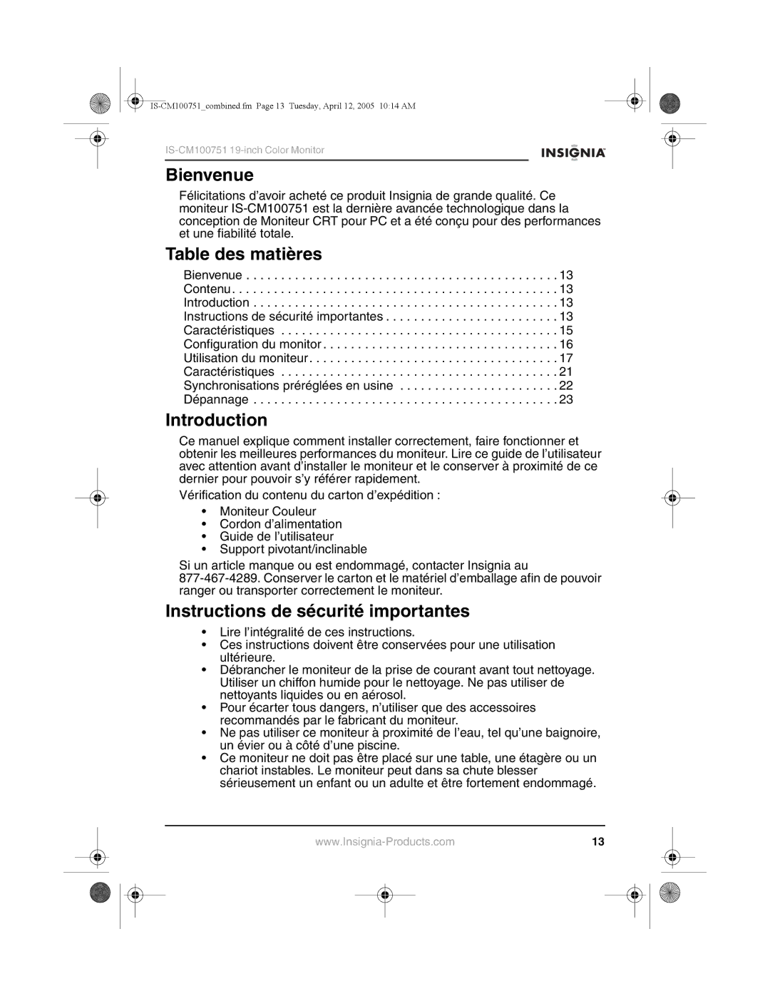 Insignia IS-CM100751 manual Bienvenue, Table des matières, Instructions de sécurité importantes 