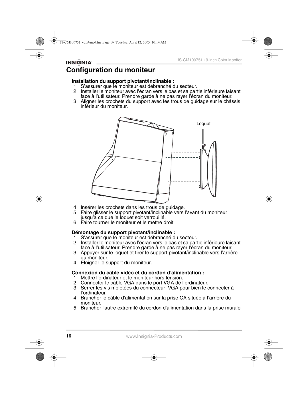 Insignia IS-CM100751 manual Configuration du moniteur, Installation du support pivotant/inclinable 