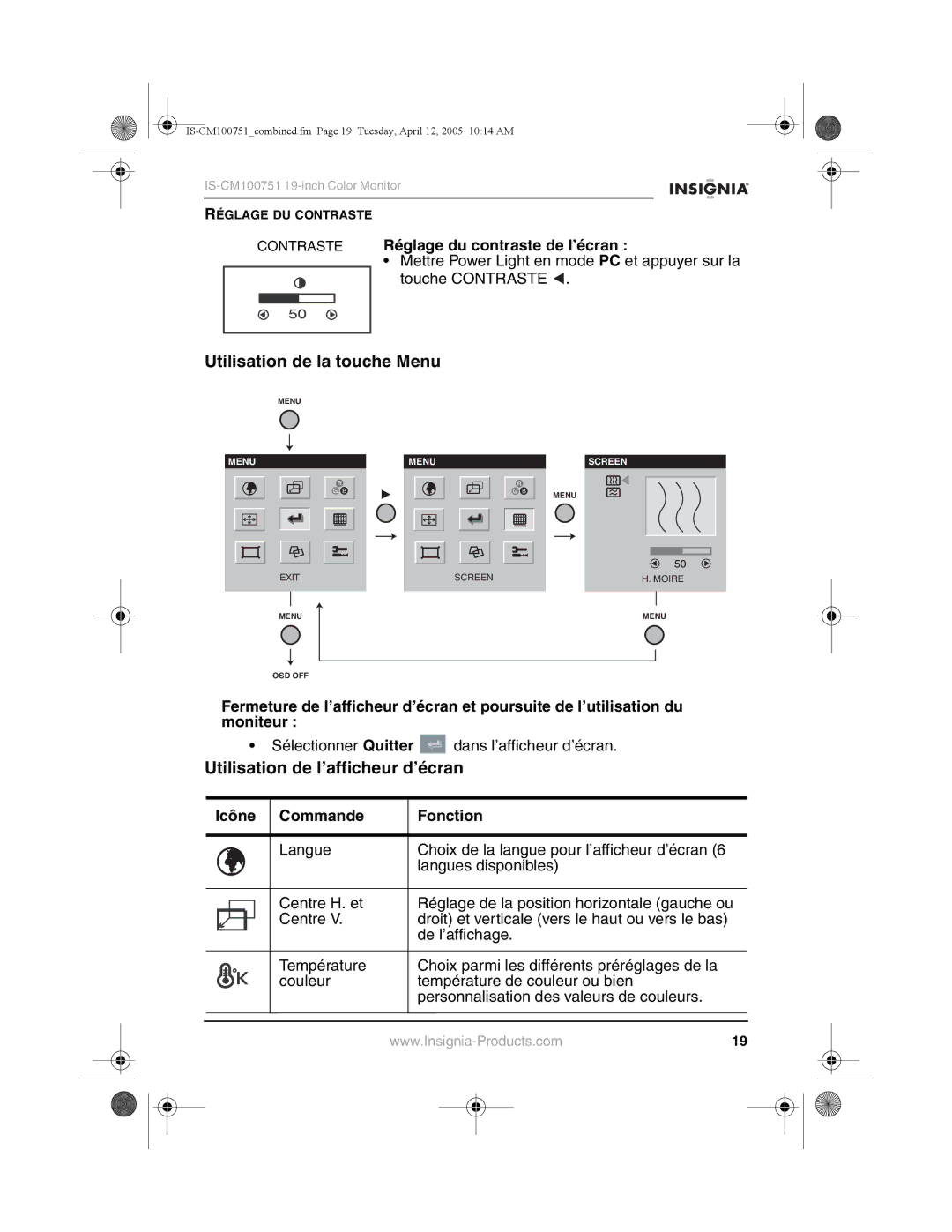 Insignia IS-CM100751 manual Utilisation de la touche Menu, Utilisation de l’afficheur d’écran, Icône Commande Fonction 