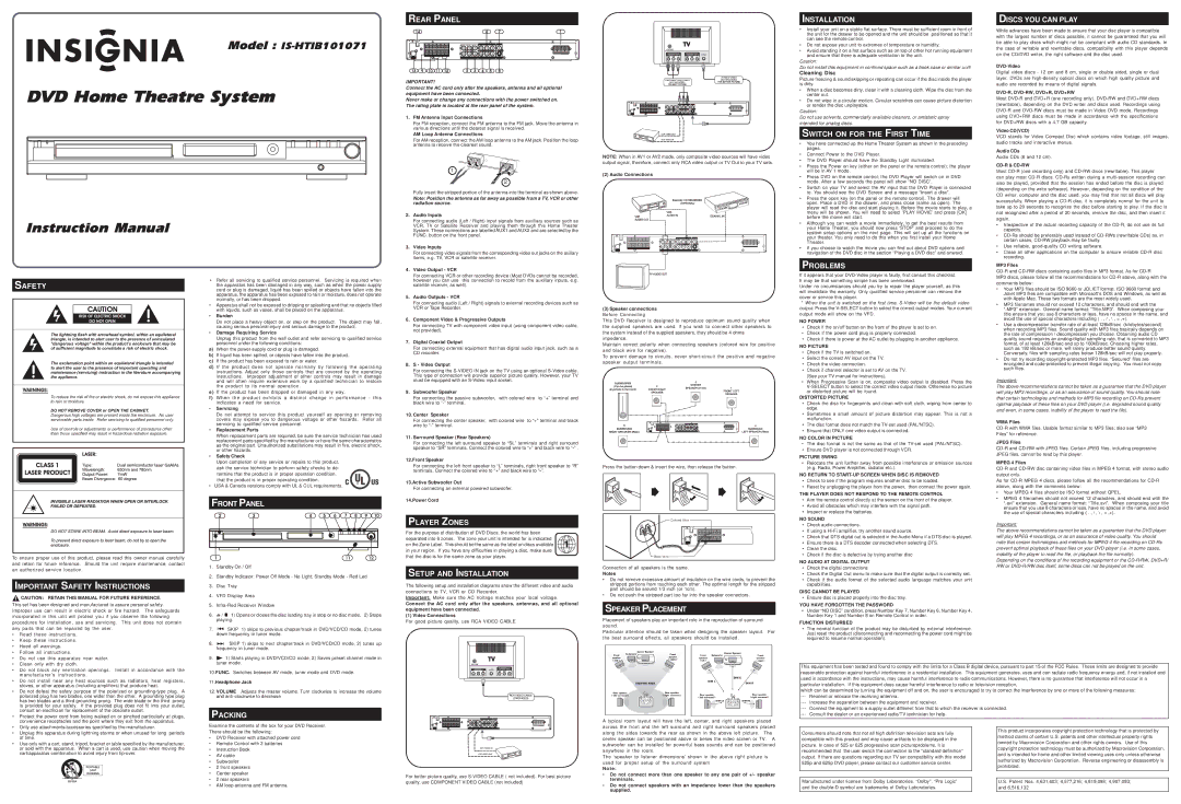 Insignia IS-HTIB101071 instruction manual Rear Panel, Installation, Switch on for the First Time, Discs YOU can Play 