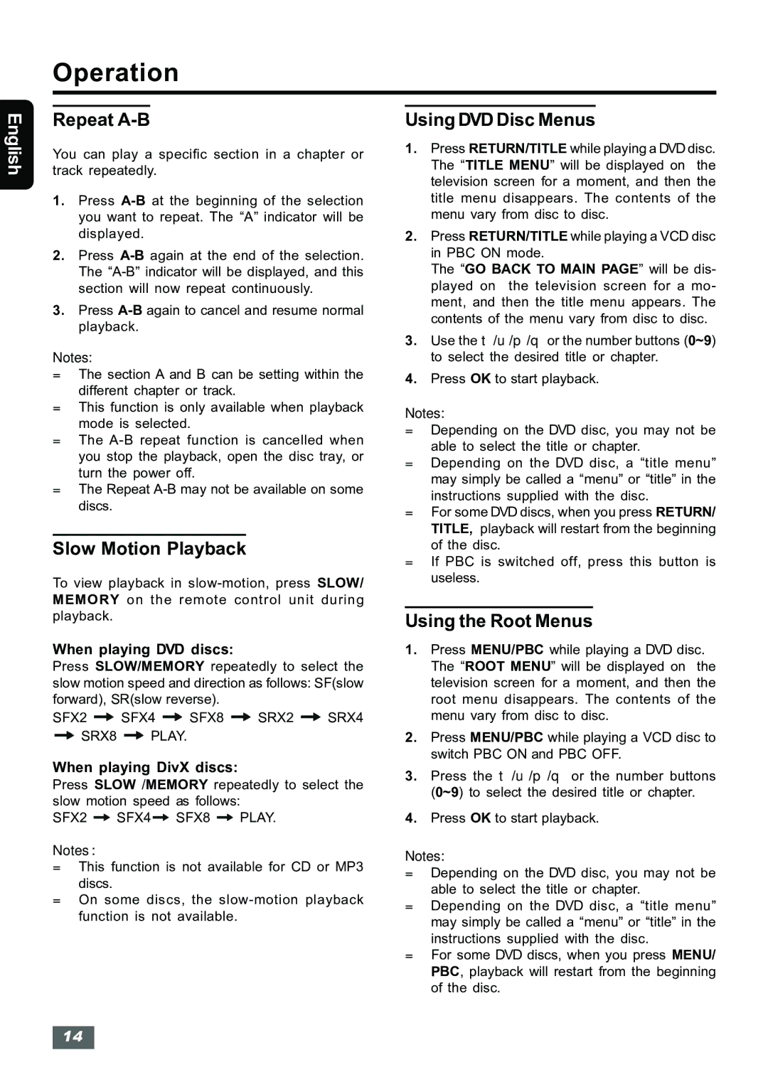 Insignia IS-HTIB102731 owner manual Repeat A-B, Slow Motion Playback, Using DVD Disc Menus, Using the Root Menus 