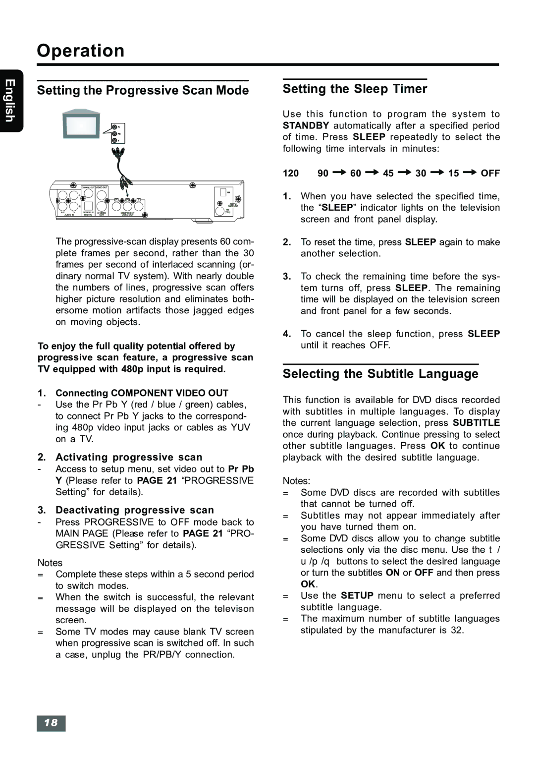 Insignia IS-HTIB102731 Setting the Progressive Scan Mode Setting the Sleep Timer, Selecting the Subtitle Language, Off 