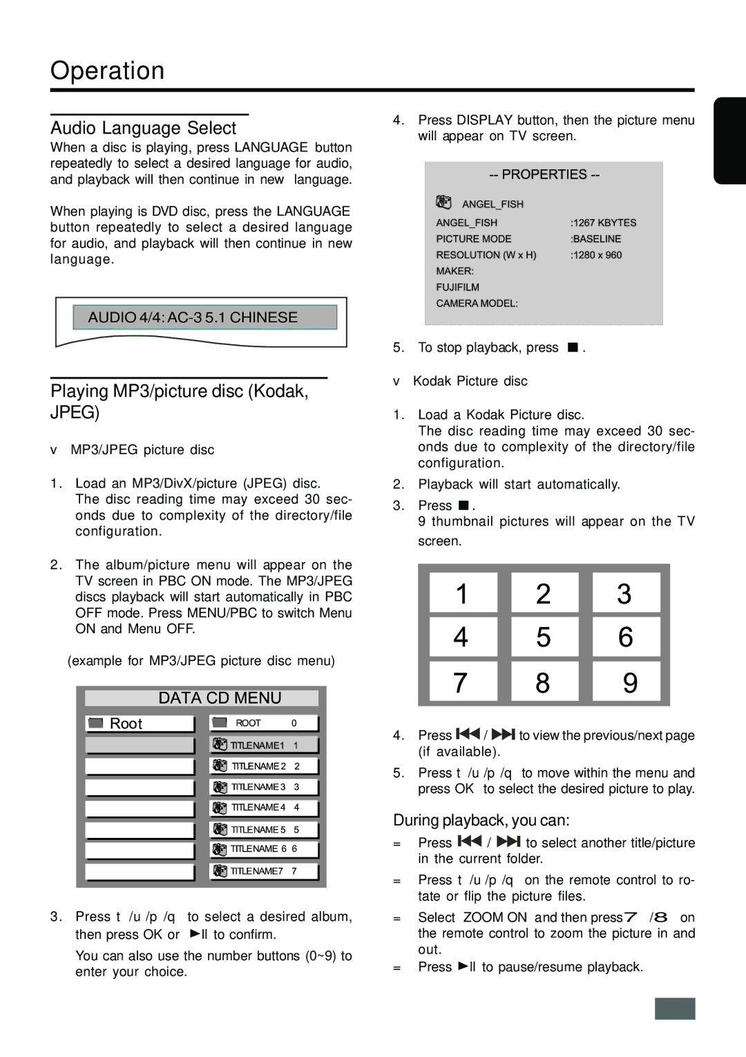 Insignia IS-HTIB102731 owner manual Audio Language Select, Playing MP3/picture disc Kodak, Jpeg 