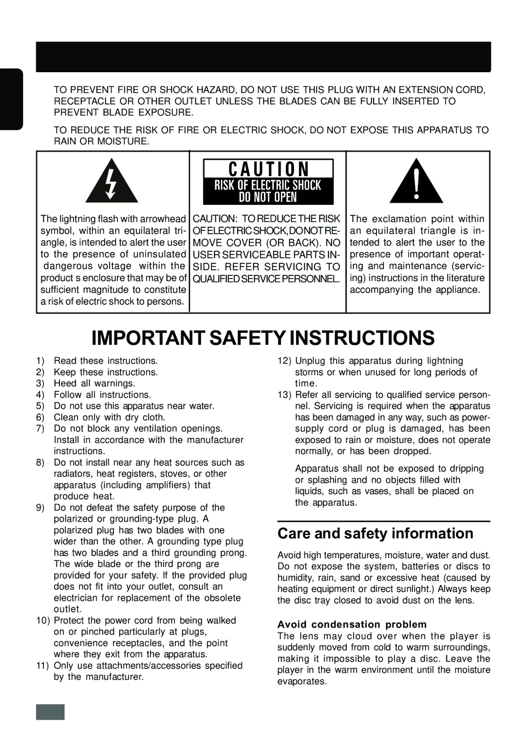 Insignia IS-HTIB102731 owner manual Care and safety information, Avoid condensation problem 