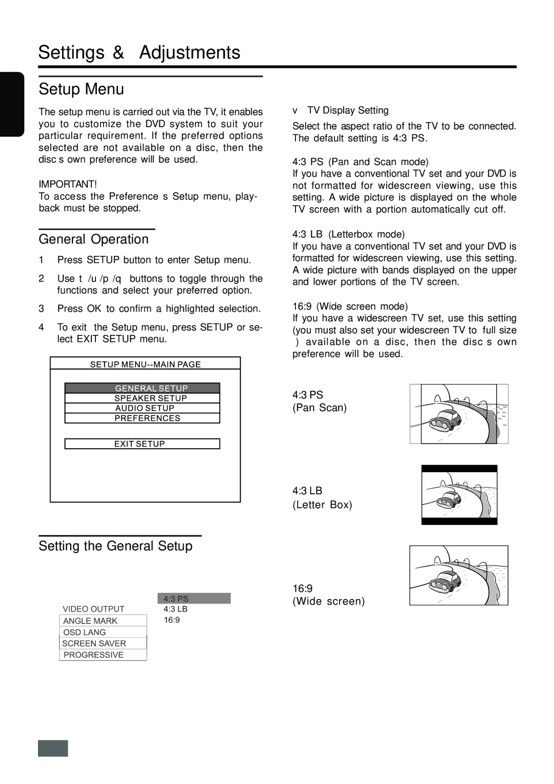 Insignia IS-HTIB102731 owner manual Settings & Adjustments, Setup Menu, General Operation, Setting the General Setup 