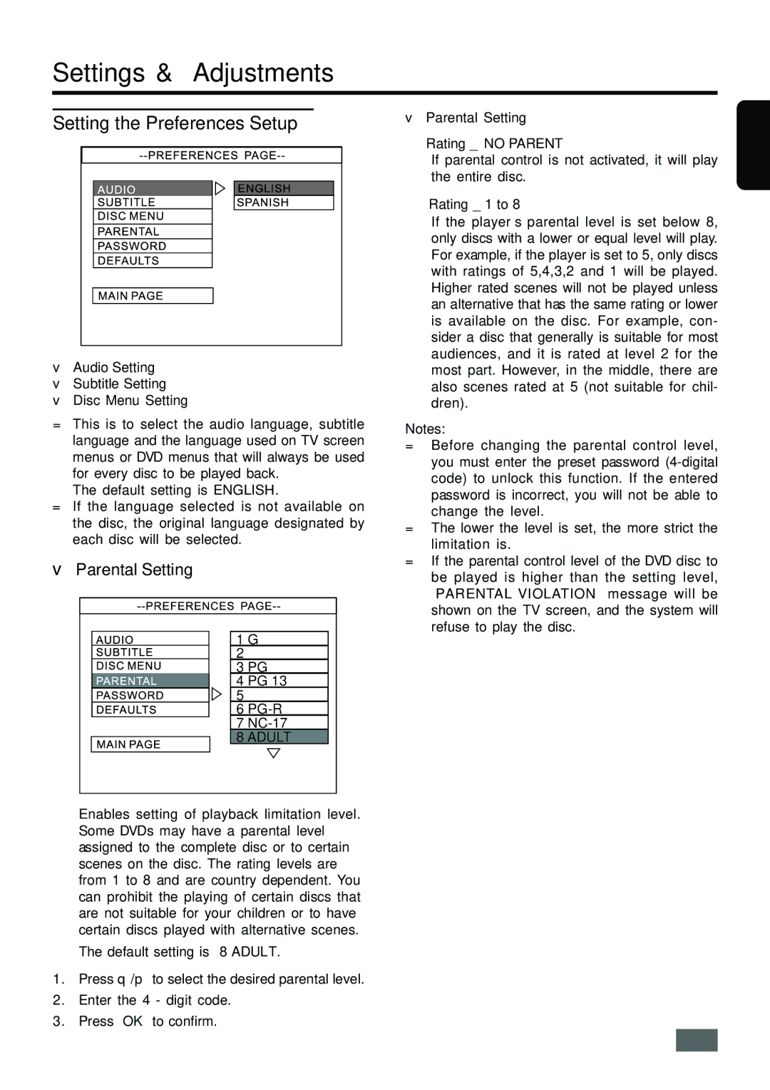 Insignia IS-HTIB102731 owner manual Setting the Preferences Setup, Parental Setting 