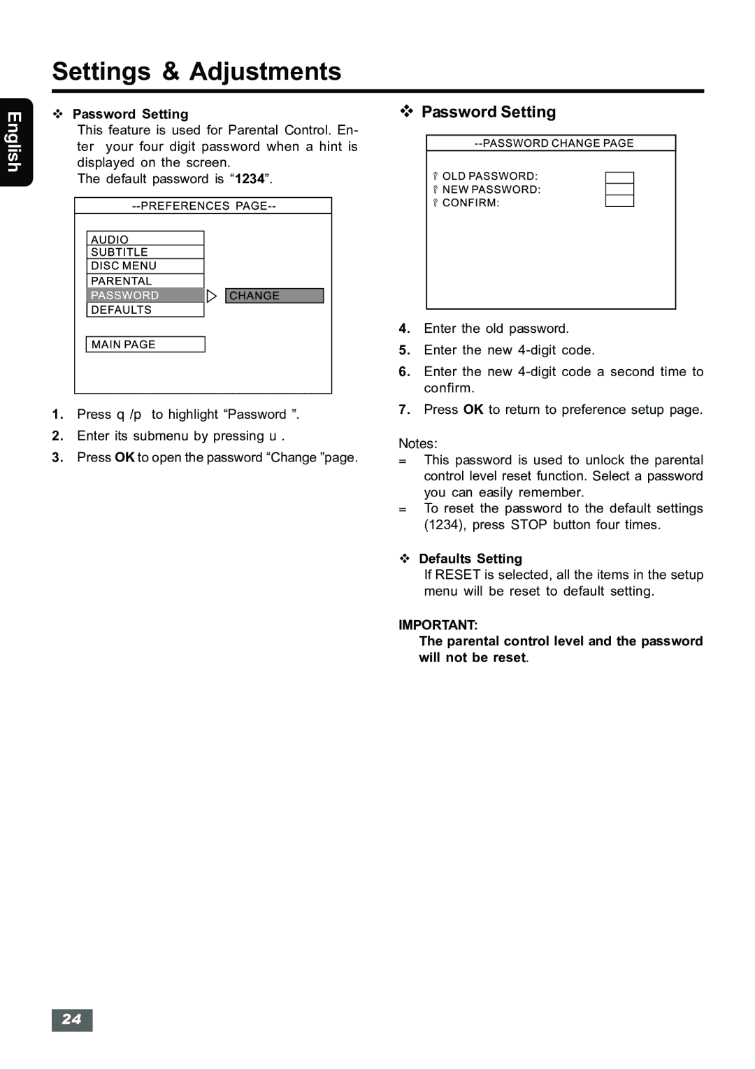 Insignia IS-HTIB102731 owner manual Password Setting 