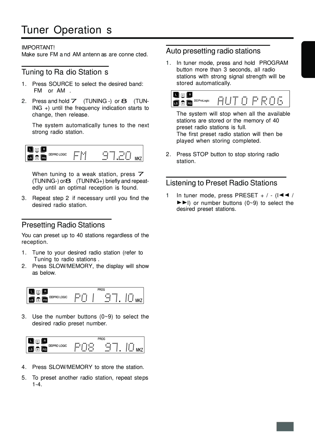 Insignia IS-HTIB102731 owner manual Tuner Operations, Tuning to Radio Stations, Auto presetting radio stations 