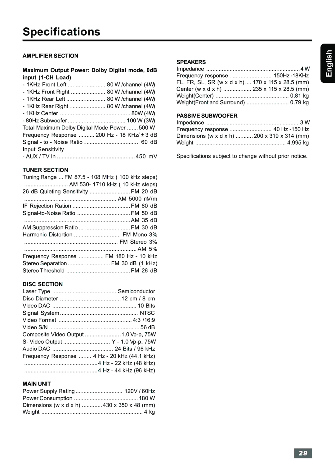 Insignia IS-HTIB102731 owner manual Specifications 