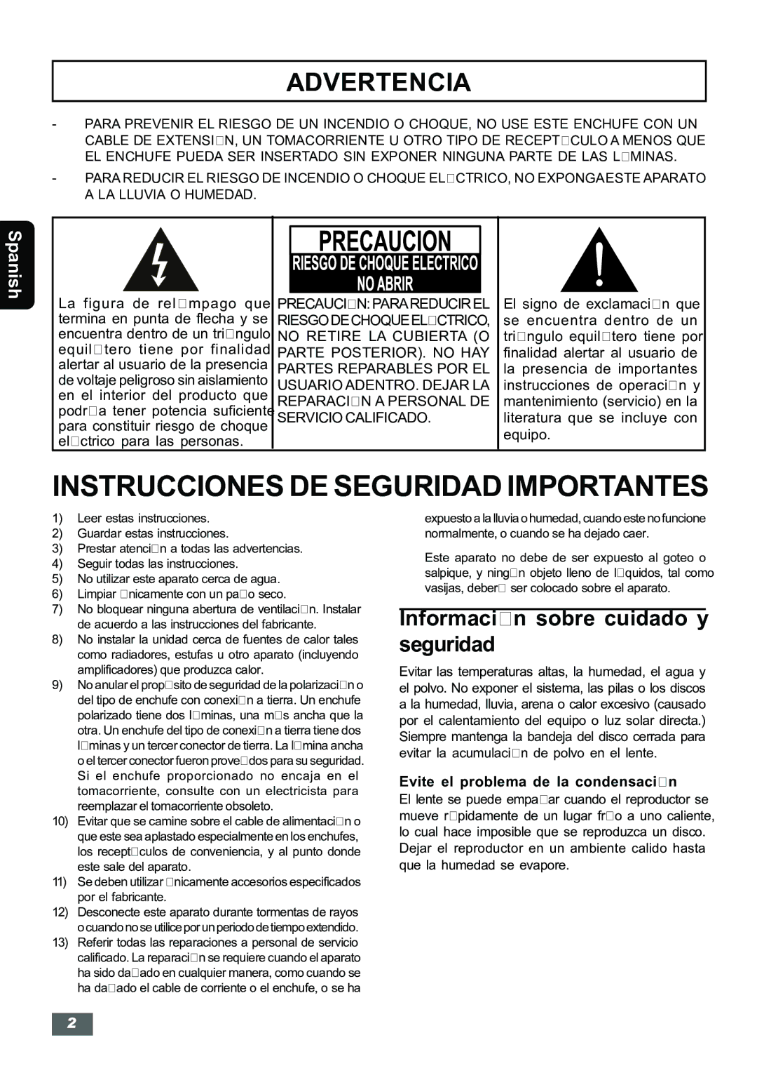 Insignia IS-HTIB102731 owner manual Información sobre cuidado y seguridad, Evite el problema de la condensación 