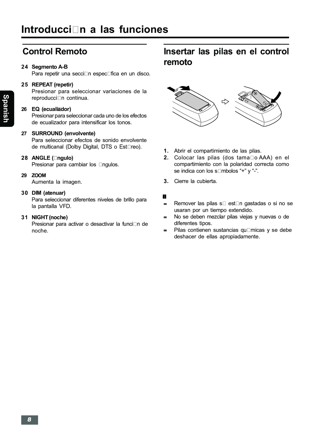 Insignia IS-HTIB102731 owner manual Insertar las pilas en el control remoto, Surround envolvente, Zoom 