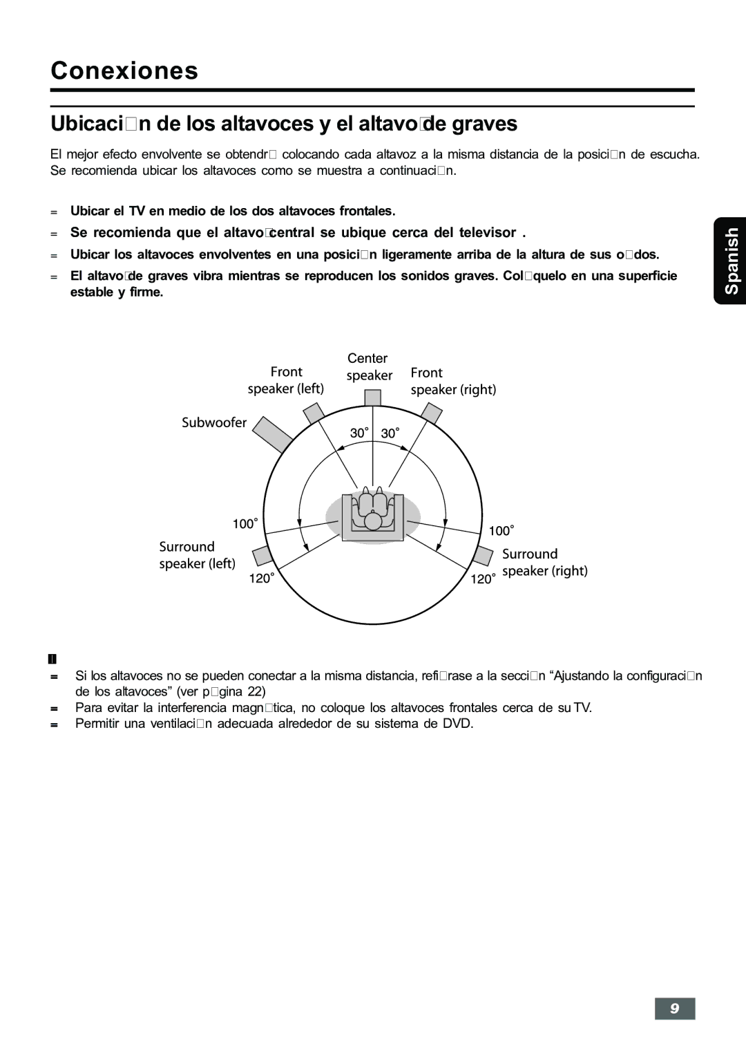 Insignia IS-HTIB102731 owner manual Conexiones, Ubicación de los altavoces y el altavoz de graves 