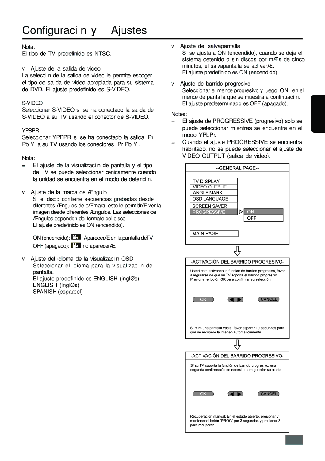 Insignia IS-HTIB102731 Ajuste del salvapantalla, Ajuste de barrido progresivo, Ajuste de la marca de ángulo, Video, Ypbpr 