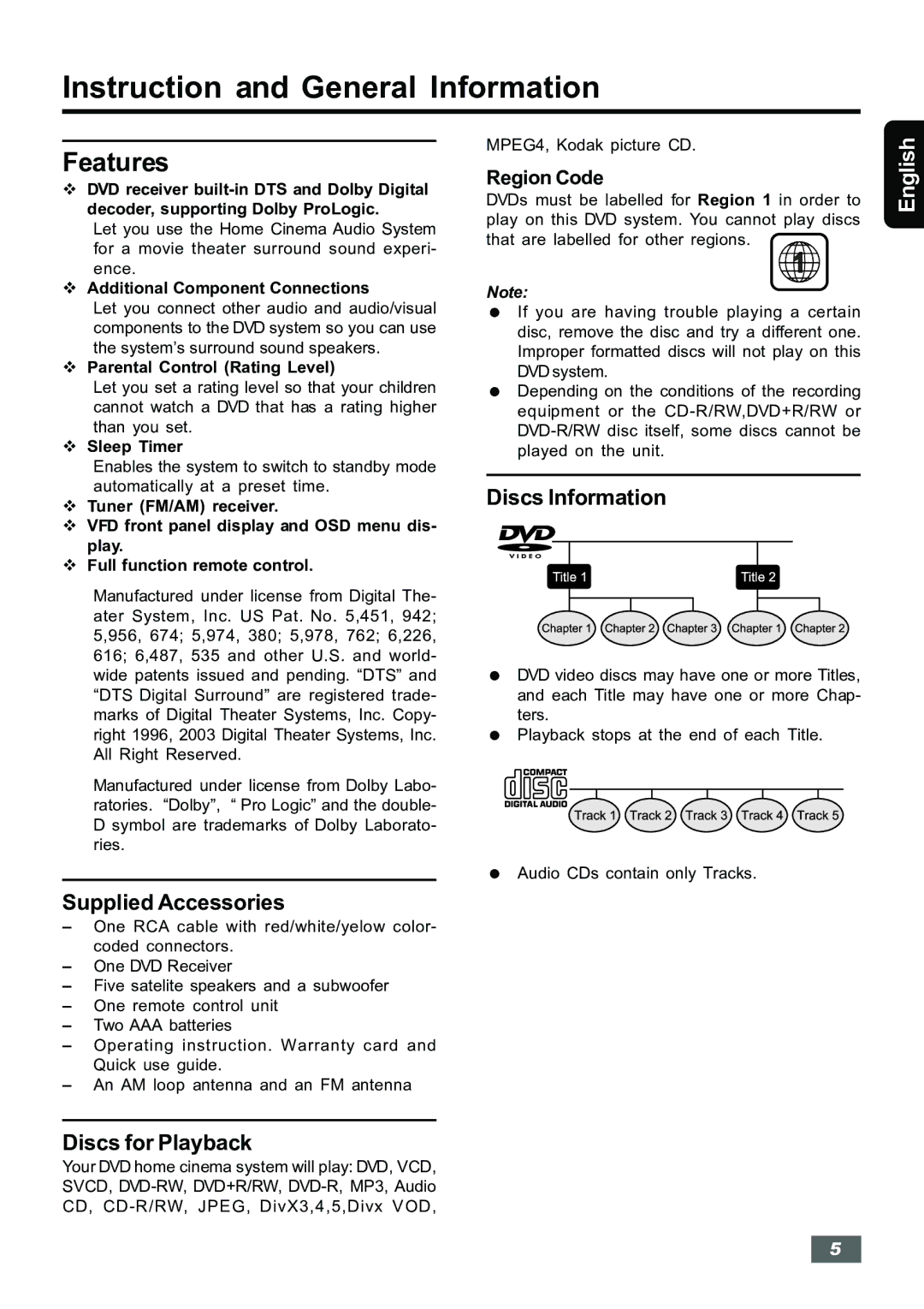 Insignia IS-HTIB102731 owner manual Instruction and General Information, Features, Discs Information, Supplied Accessories 