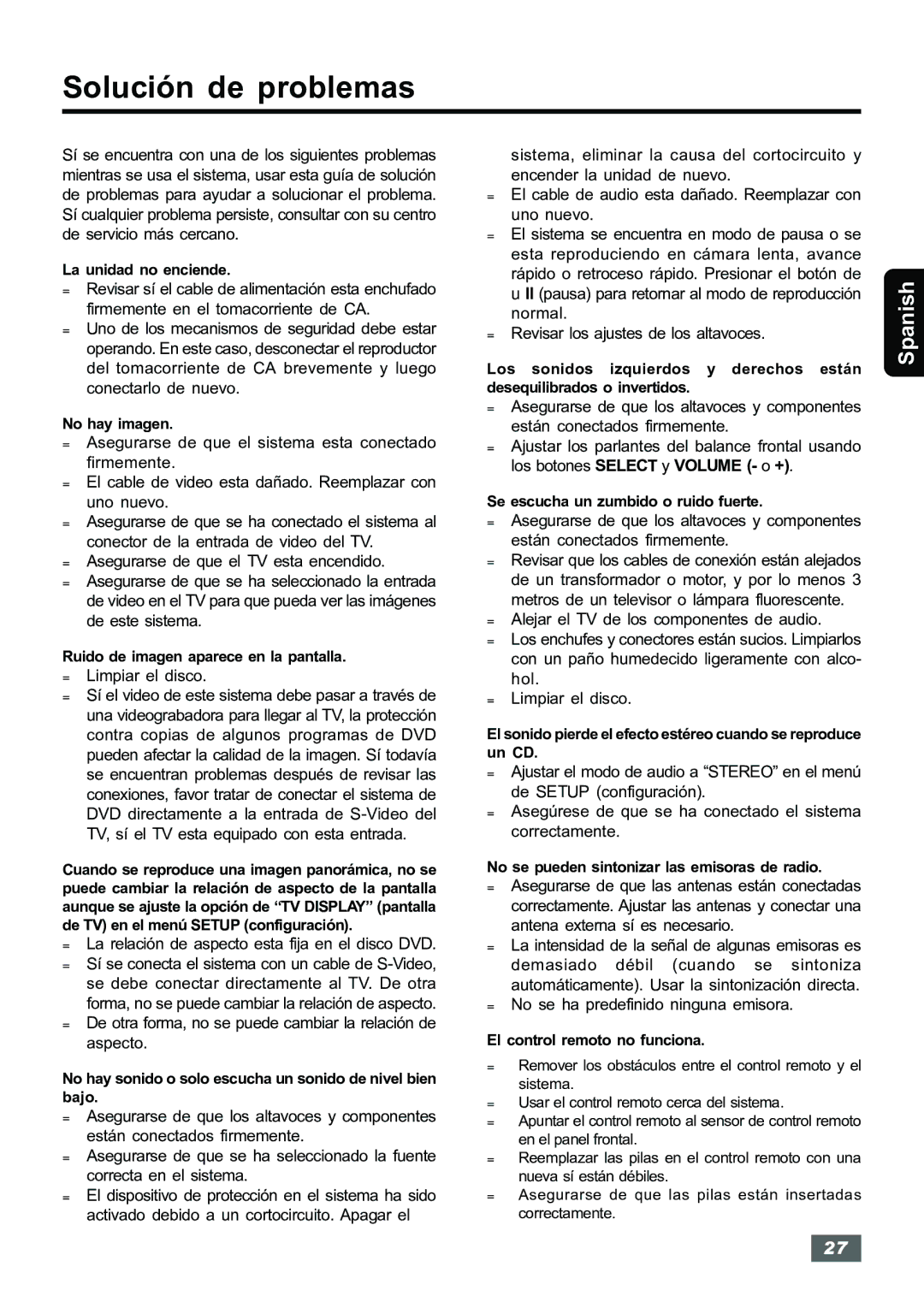 Insignia IS-HTIB102731 Solución de problemas, = Limpiar el disco, = La relación de aspecto esta fija en el disco DVD 