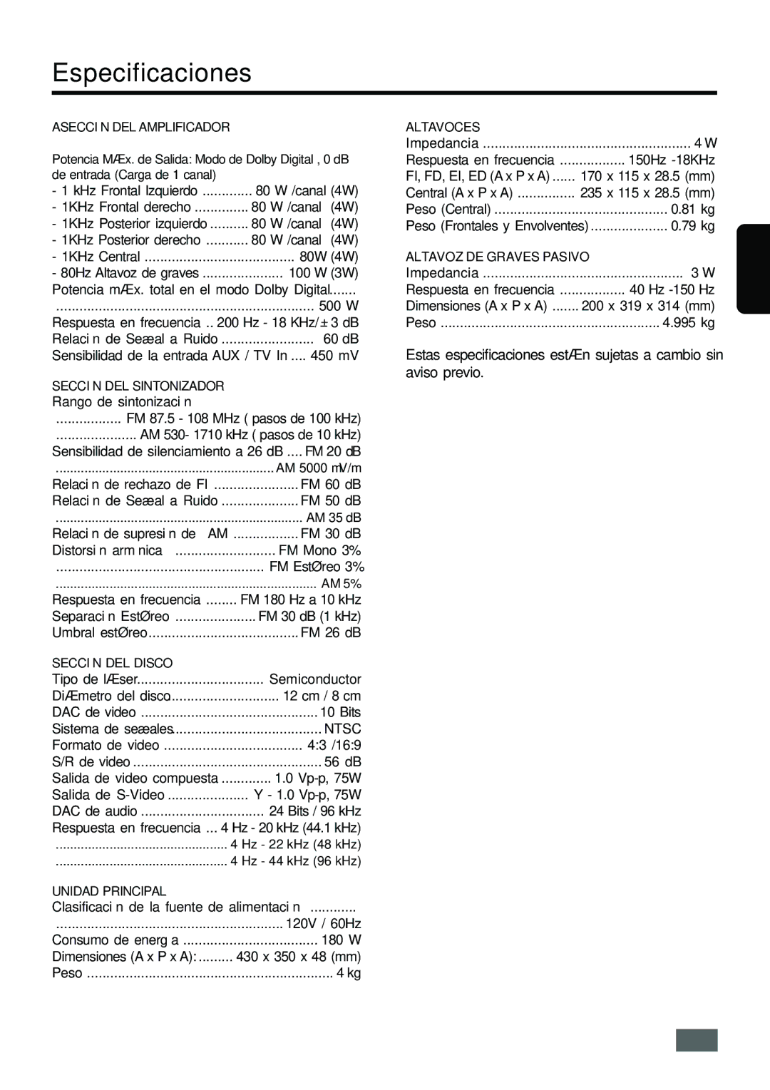 Insignia IS-HTIB102731 owner manual Especificaciones, Ntsc 