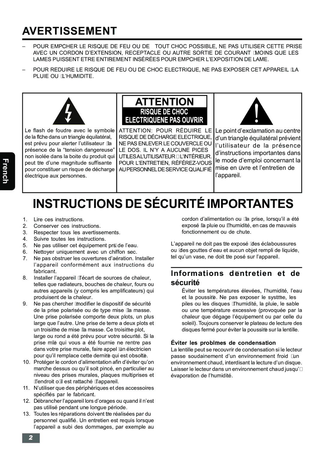 Insignia IS-HTIB102731 owner manual Informations d’entretien et de sécurité, Éviter les problèmes de condensation 