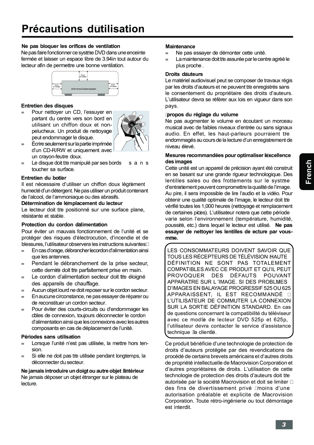 Insignia IS-HTIB102731 owner manual Précautions d’utilisation, Ne pas bloquer les orifices de ventilation 