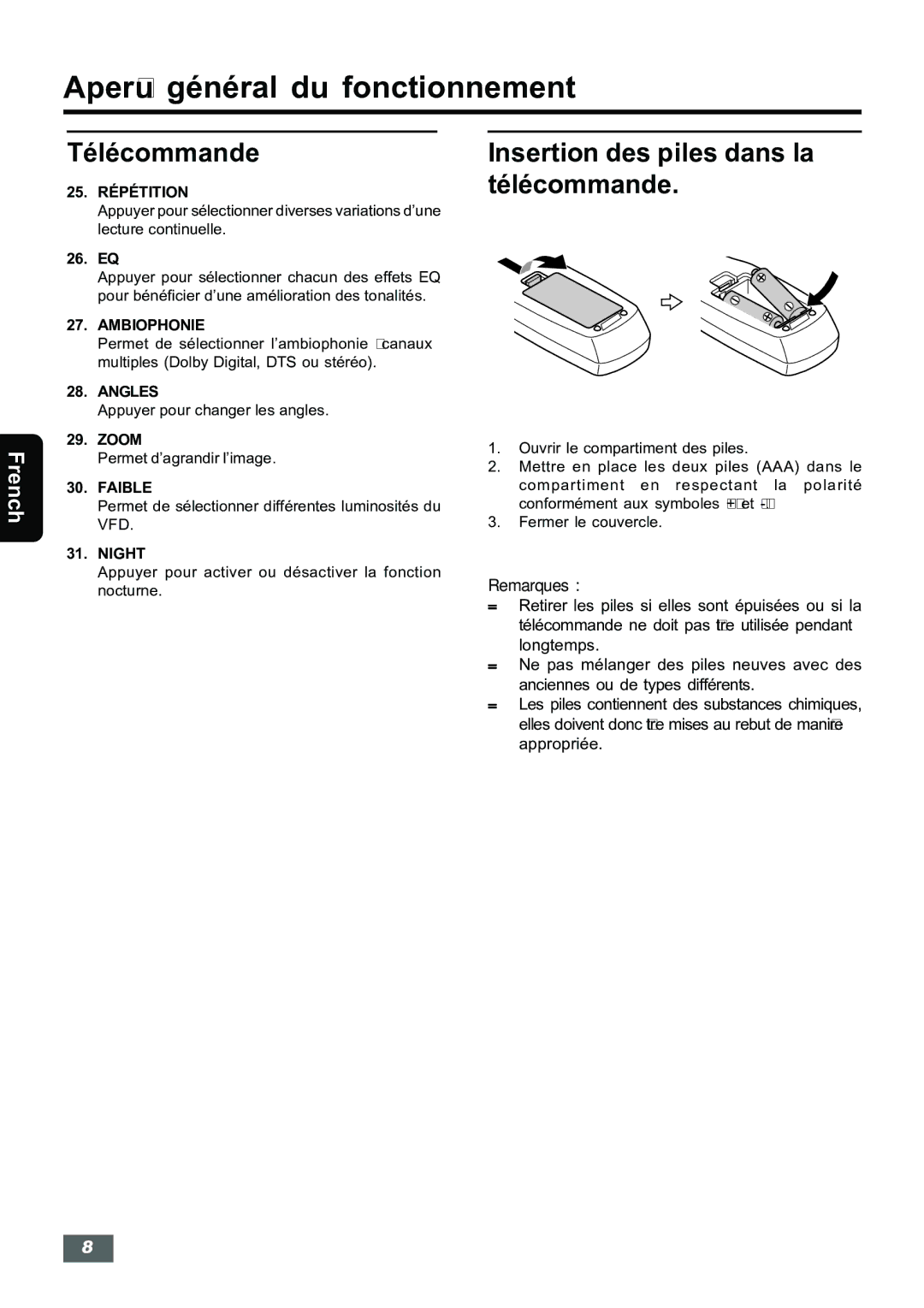 Insignia IS-HTIB102731 owner manual Insertion des piles dans la télécommande 