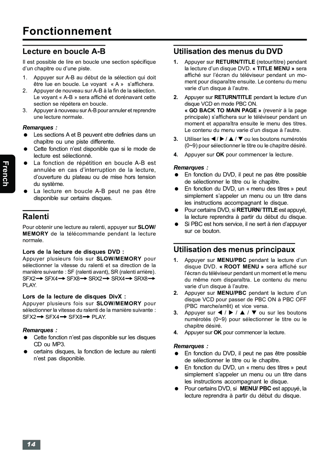 Insignia IS-HTIB102731 Lecture en boucle A-B, Ralenti, Utilisation des menus du DVD, Utilisation des menus principaux 