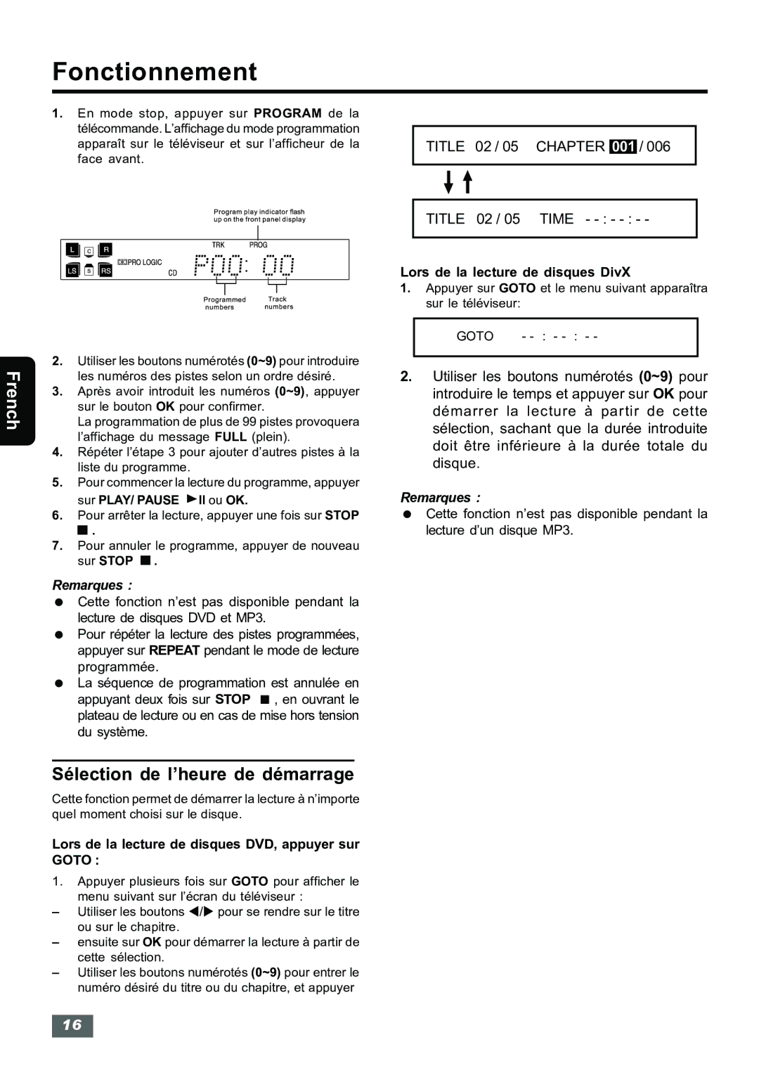 Insignia IS-HTIB102731 owner manual Sélection de l’heure de démarrage, Lors de la lecture de disques DVD, appuyer sur Goto 