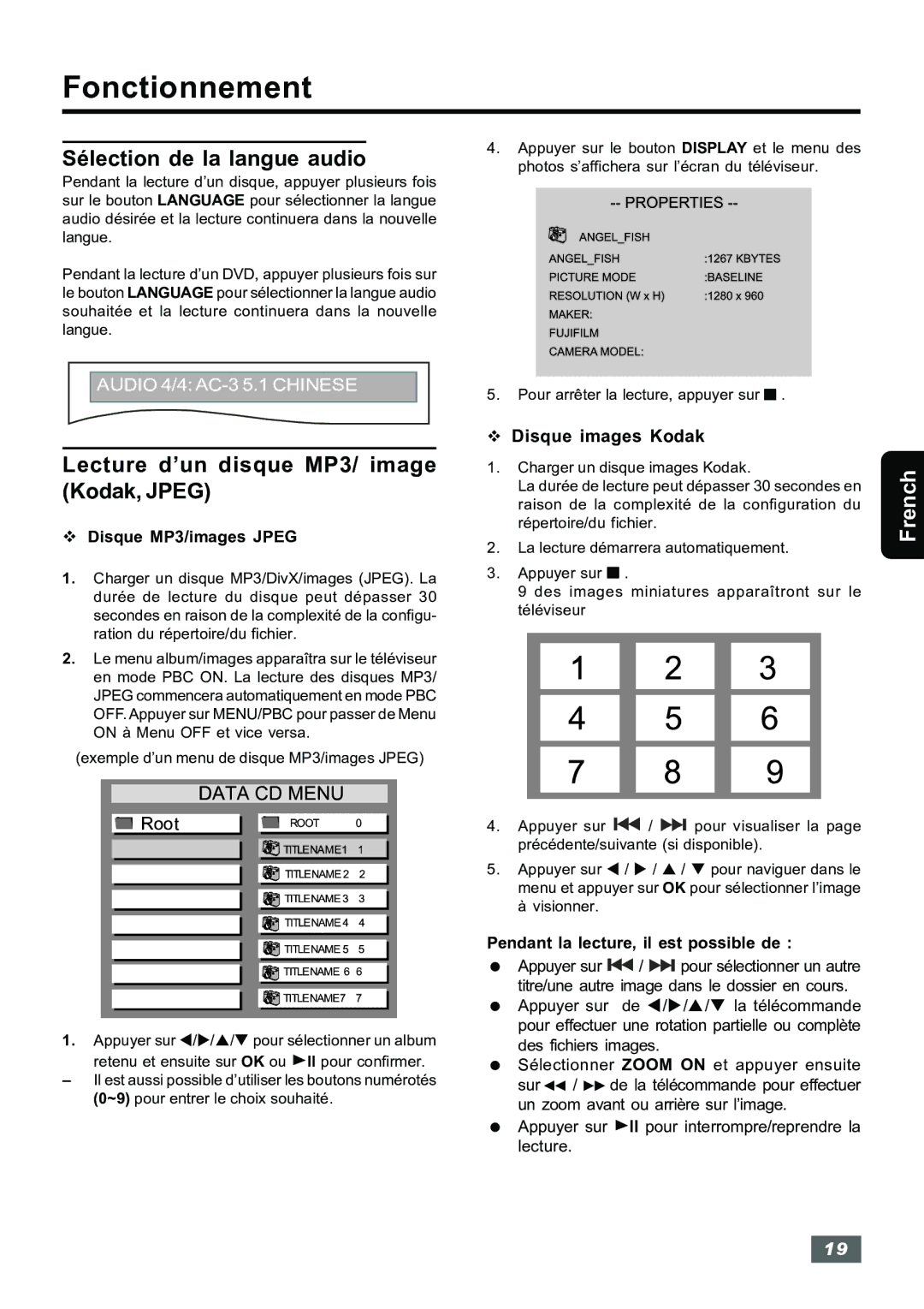 Insignia IS-HTIB102731 Sélection de la langue audio, Lecture d’un disque MP3/ image Kodak, Jpeg, Disque images Kodak 