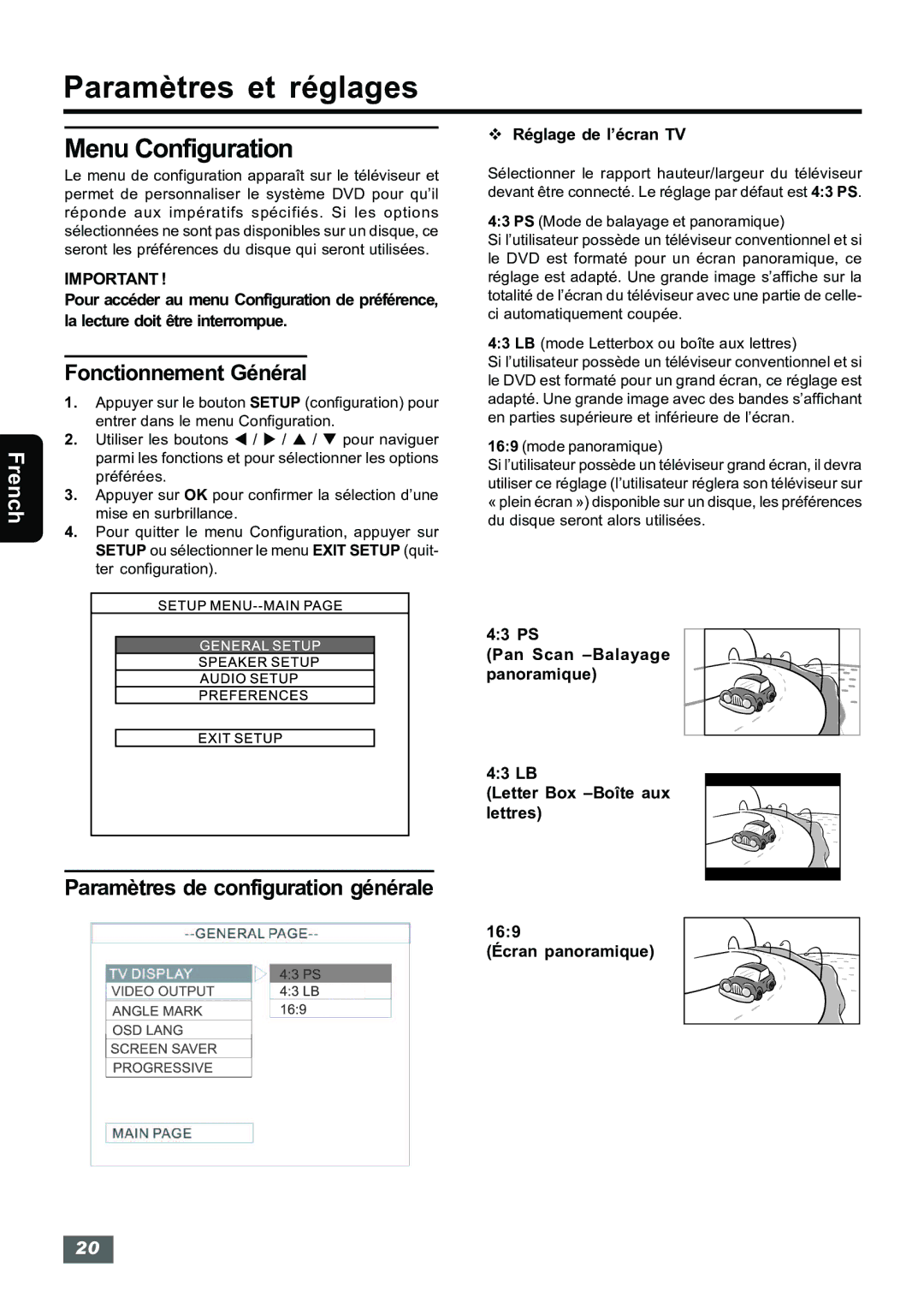 Insignia IS-HTIB102731 owner manual Paramètres et réglages, Menu Configuration, Fonctionnement Général 