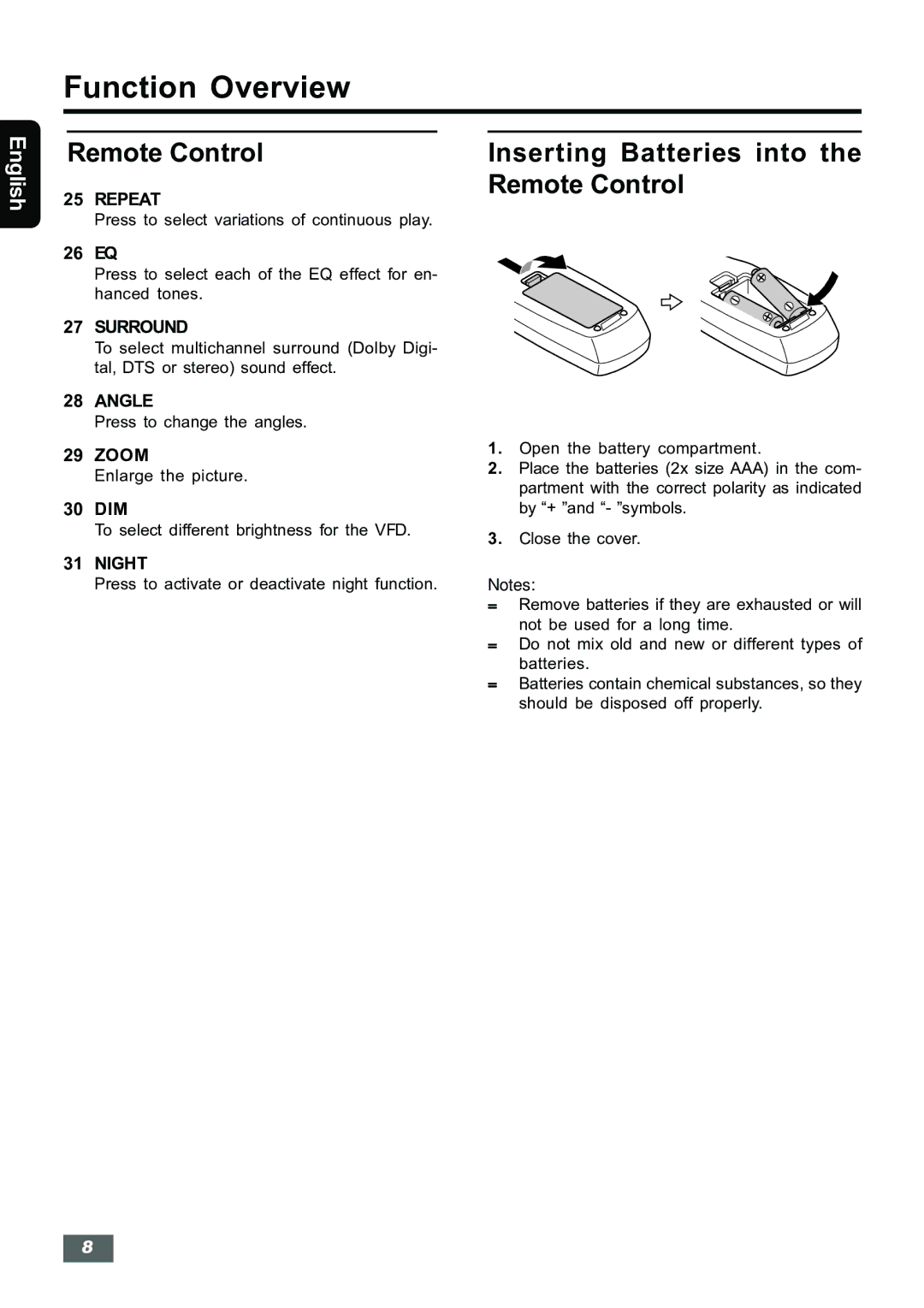 Insignia IS-HTIB102731 owner manual Inserting Batteries into the Remote Control, 26 EQ, 30 DIM 