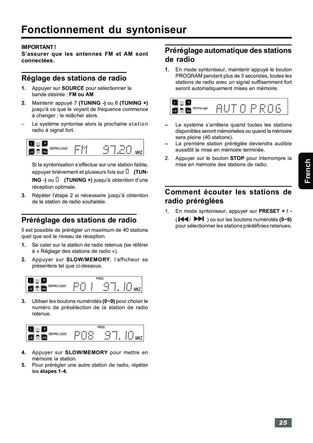 Insignia IS-HTIB102731 Fonctionnement du syntoniseur, Réglage des stations de radio, Préréglage des stations de radio 