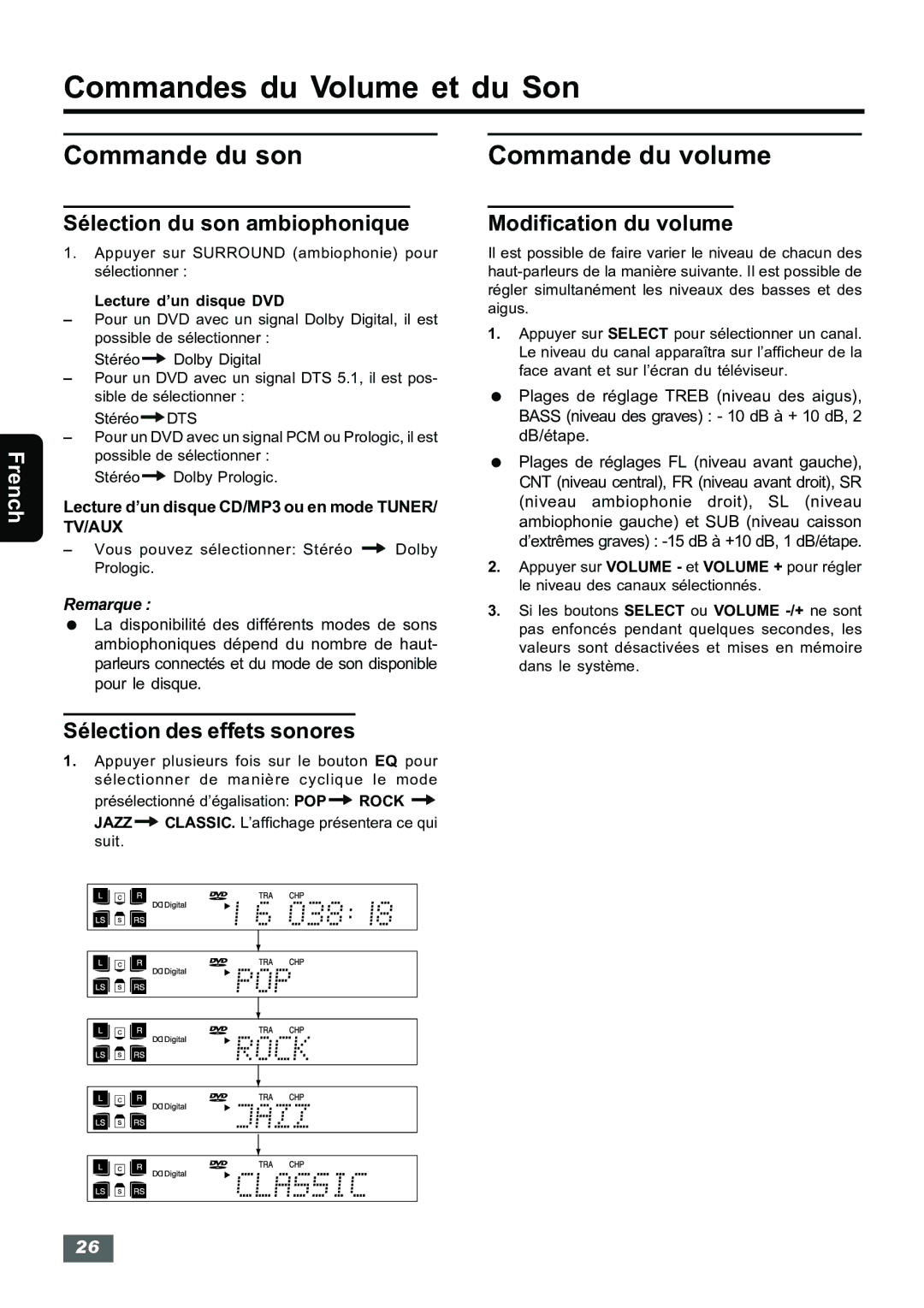 Insignia IS-HTIB102731 Commandes du Volume et du Son, Commande du son Commande du volume, Sélection du son ambiophonique 