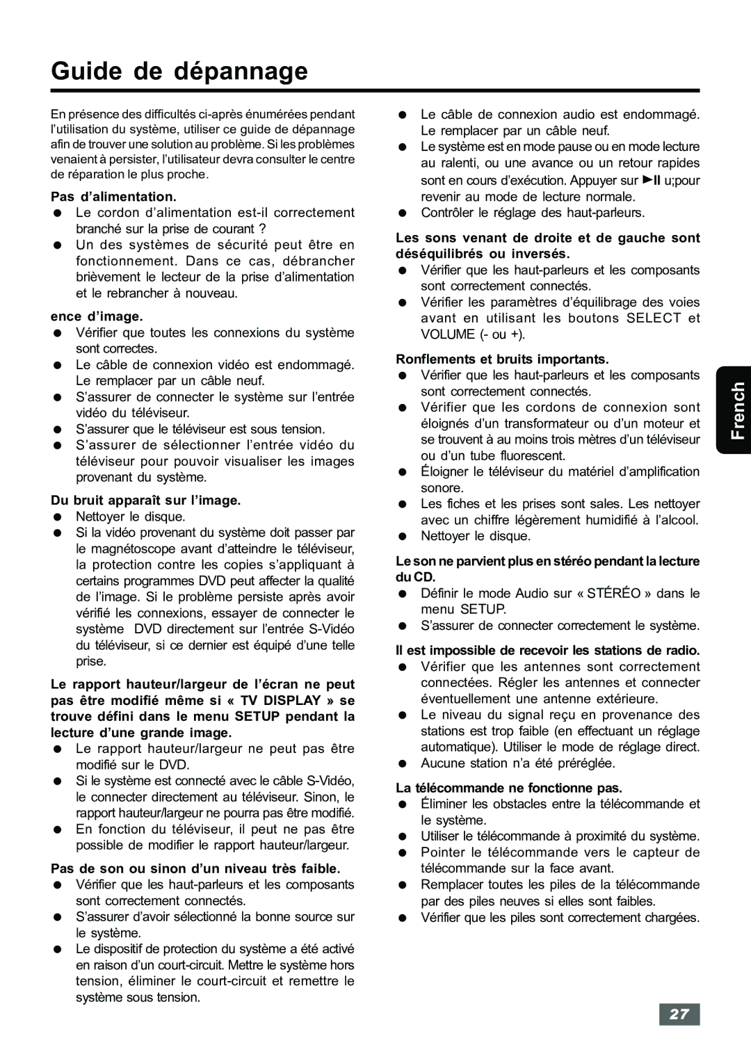 Insignia IS-HTIB102731 owner manual Guide de dépannage, = Vérifier que les piles sont correctement chargées 