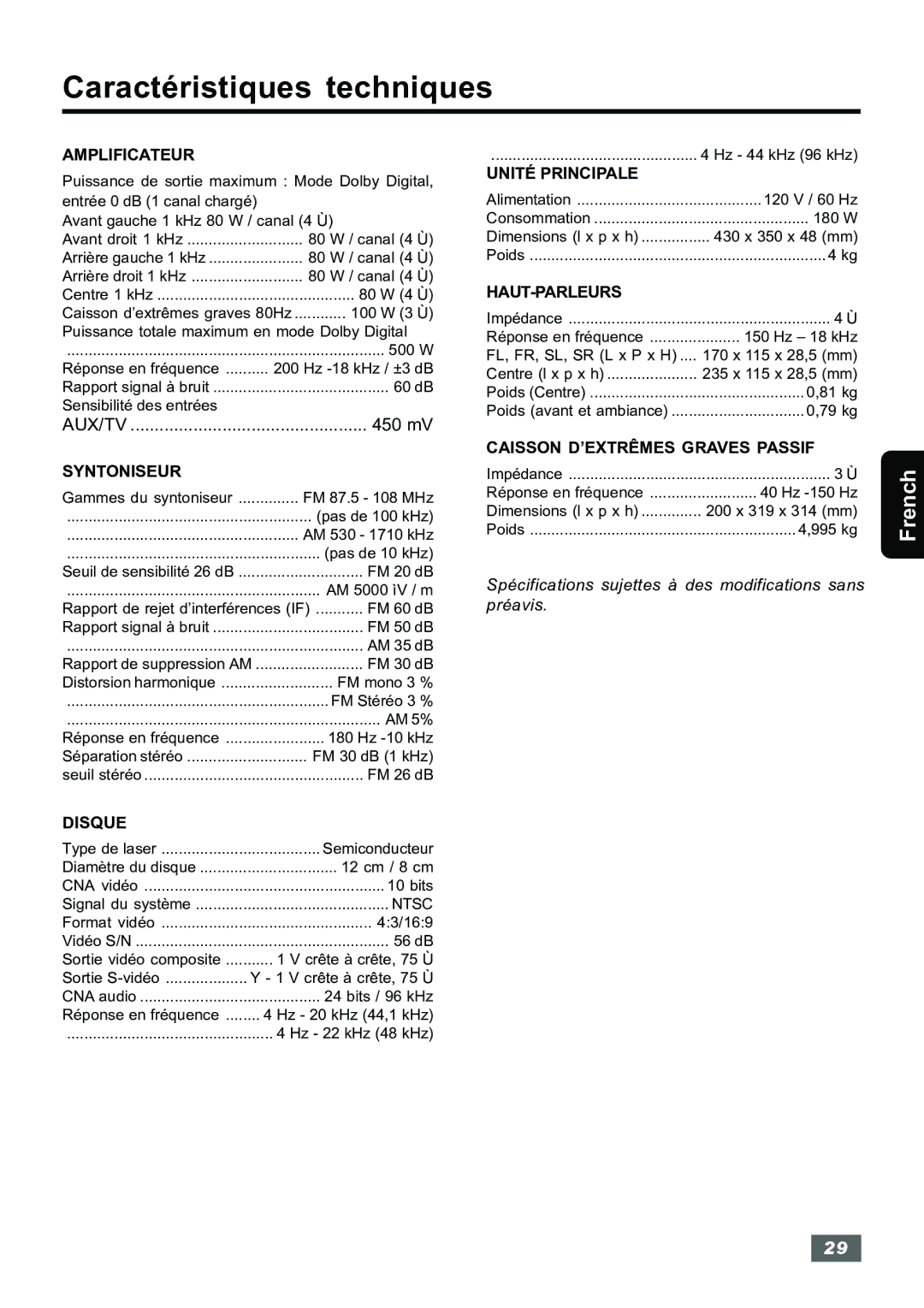 Insignia IS-HTIB102731 owner manual Caractéristiques techniques, 450 mV 