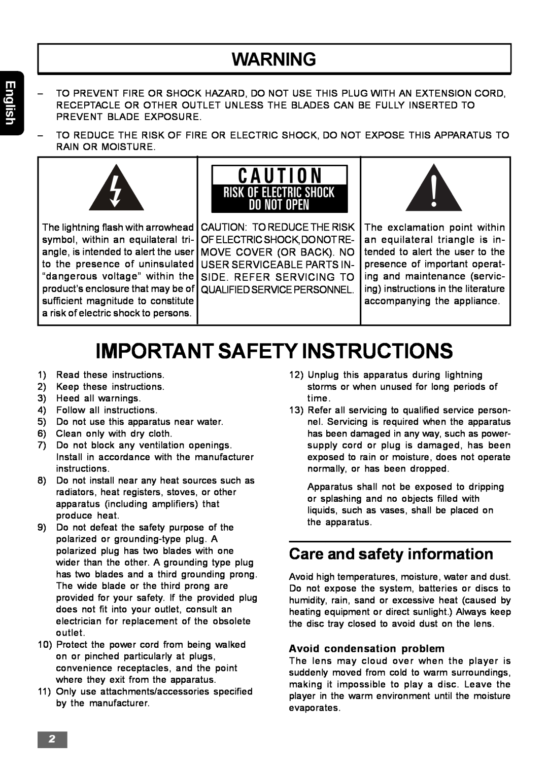 Insignia IS-HTIB102731 owner manual Important Safety Instructions, Care and safety information, English 