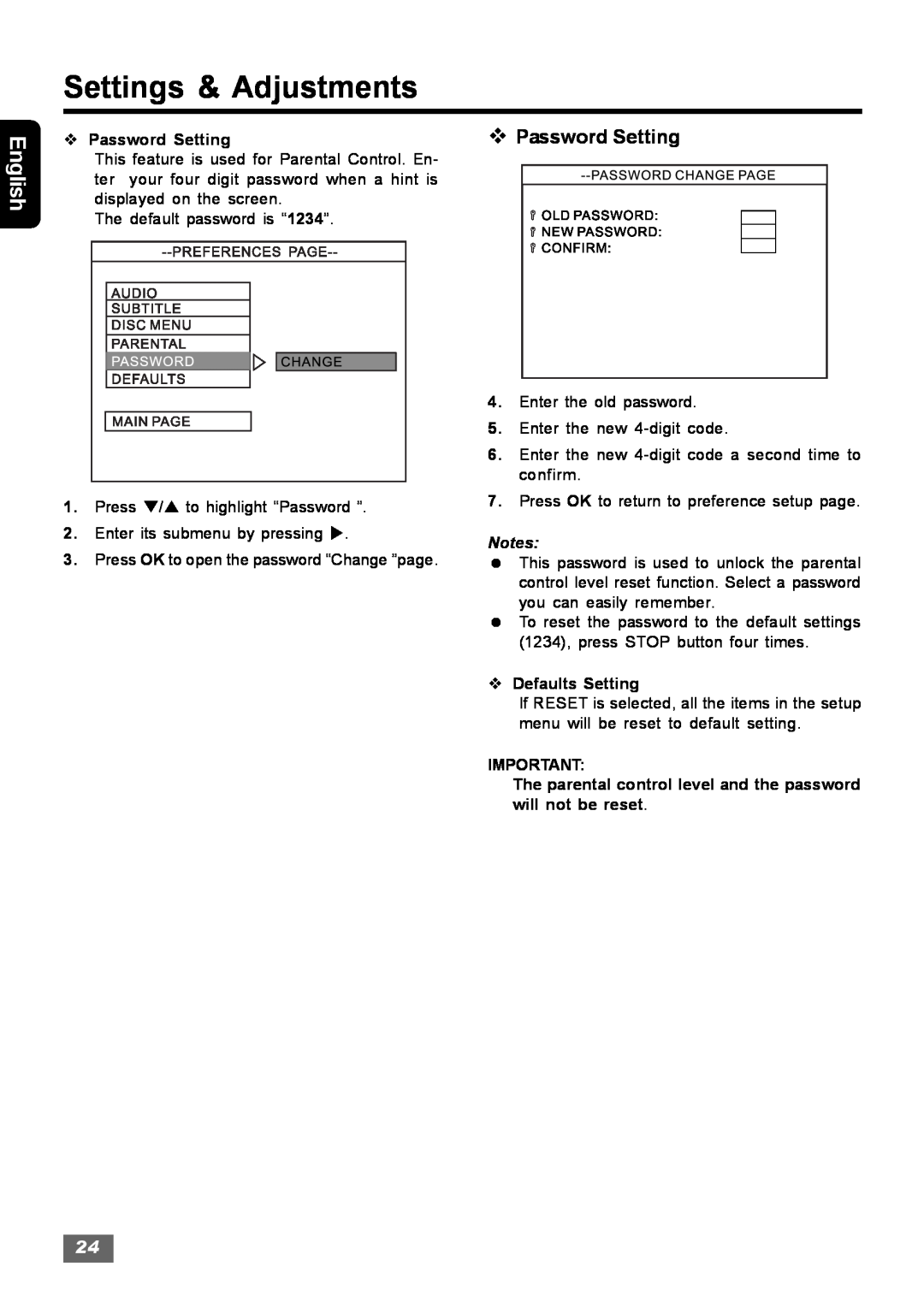 Insignia IS-HTIB102731 owner manual vPassword Setting, Settings & Adjustments, English 