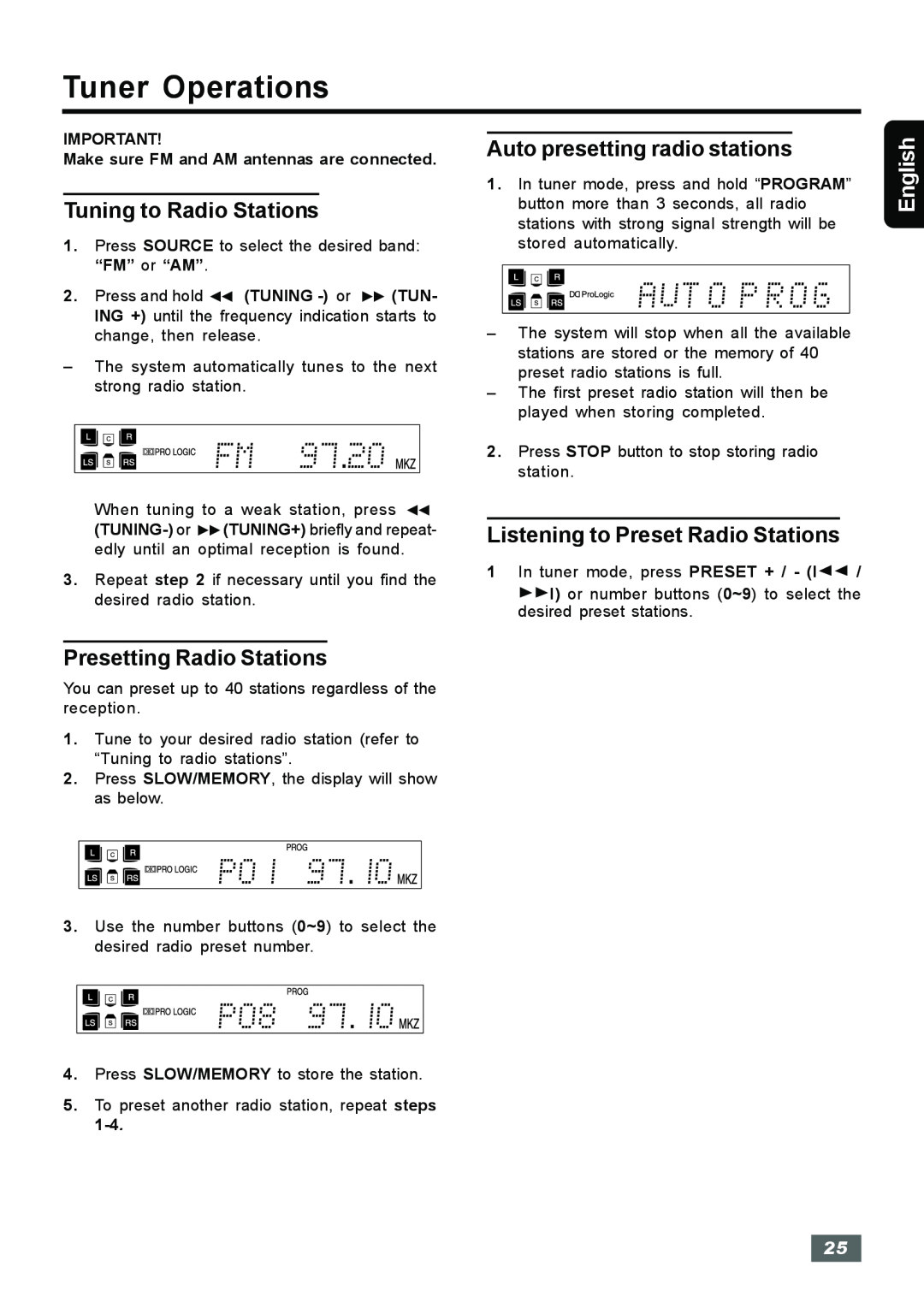 Insignia IS-HTIB102731 owner manual Tuner Operations, Tuning to Radio Stations, Auto presetting radio stations, English 