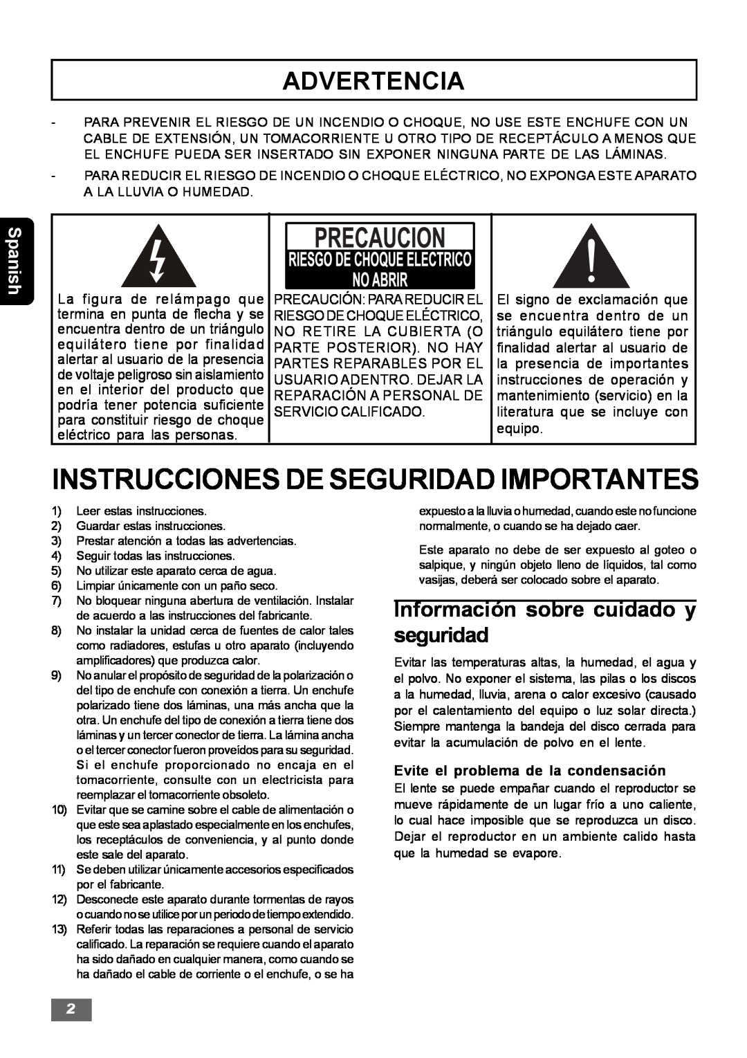 Insignia IS-HTIB102731 Instrucciones De Seguridad Importantes, Advertencia, Información sobre cuidado y seguridad, Spanish 