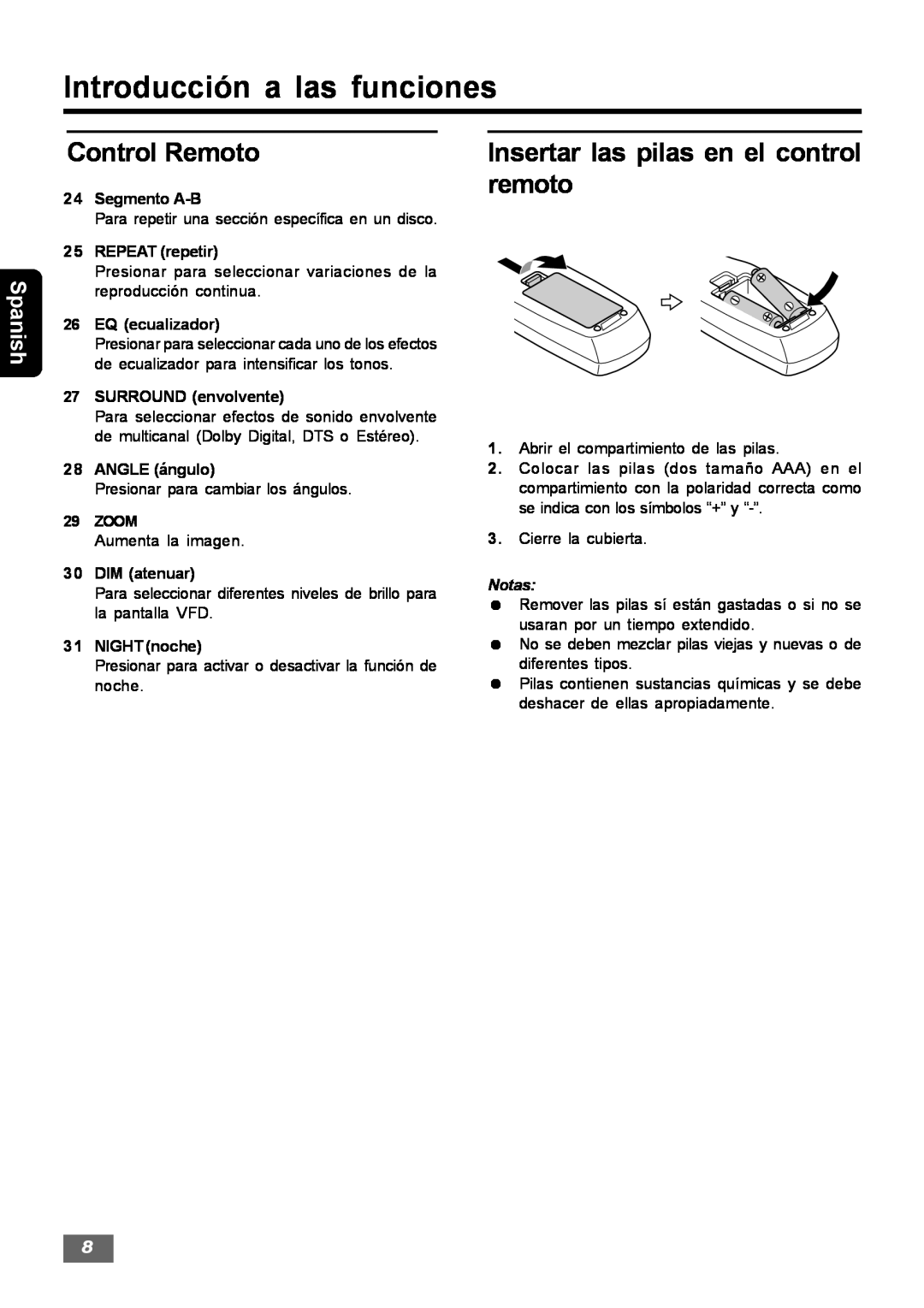 Insignia IS-HTIB102731 Insertar las pilas en el control remoto, Introducción a las funciones, Control Remoto, Spanish 