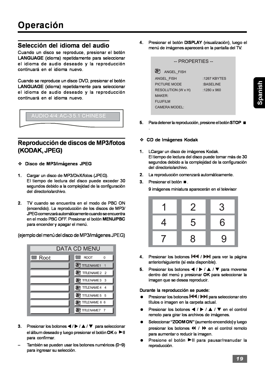 Insignia IS-HTIB102731 Selección del idioma del audio, Reproducción de discos de MP3/fotos KODAK, JPEG, Operación, Spanish 