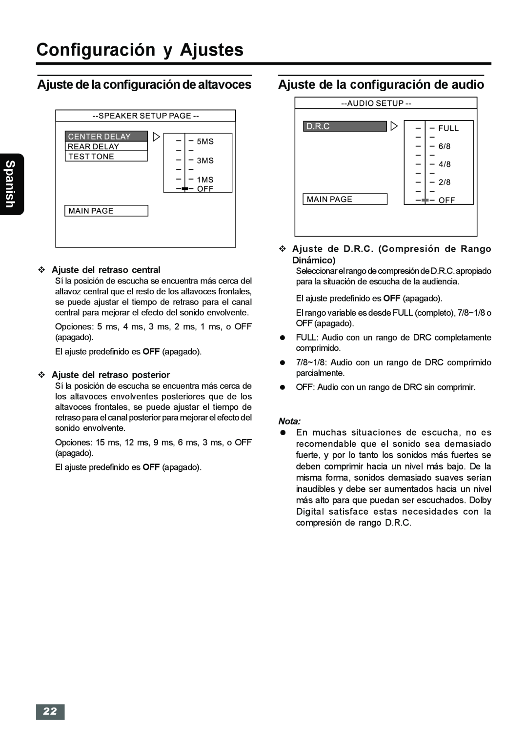 Insignia IS-HTIB102731 Ajuste de la configuración de altavoces, Ajuste de la configuración de audio, Spanish, Nota 