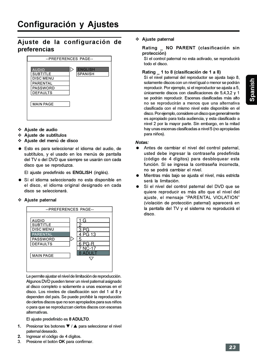 Insignia IS-HTIB102731 owner manual Ajuste de la configuración de, preferencias, Configuración y Ajustes, Spanish 