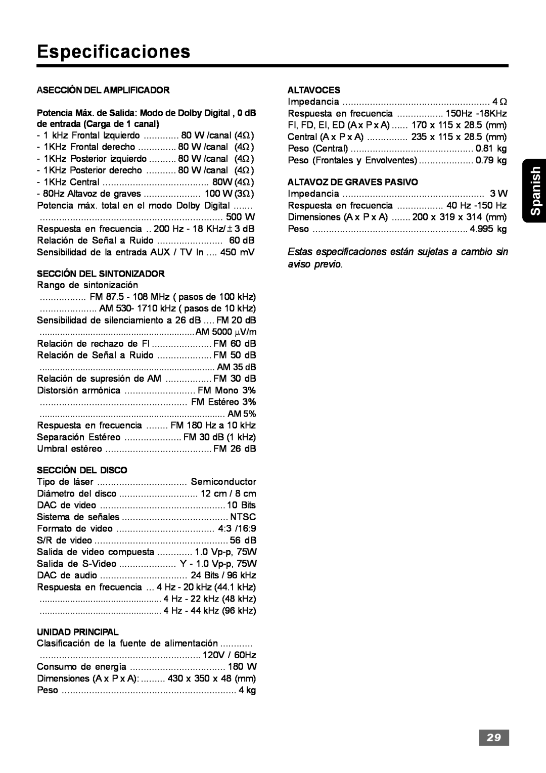 Insignia IS-HTIB102731 owner manual Especificaciones, Spanish 