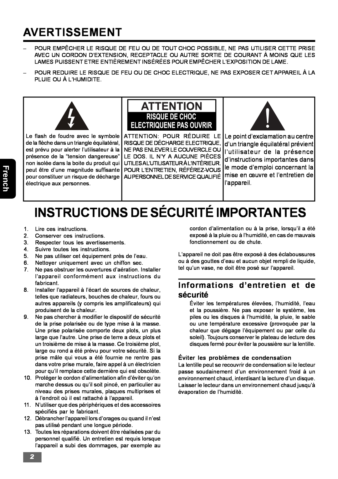 Insignia IS-HTIB102731 owner manual Instructions De Sécurité Importantes, Avertissement, French 