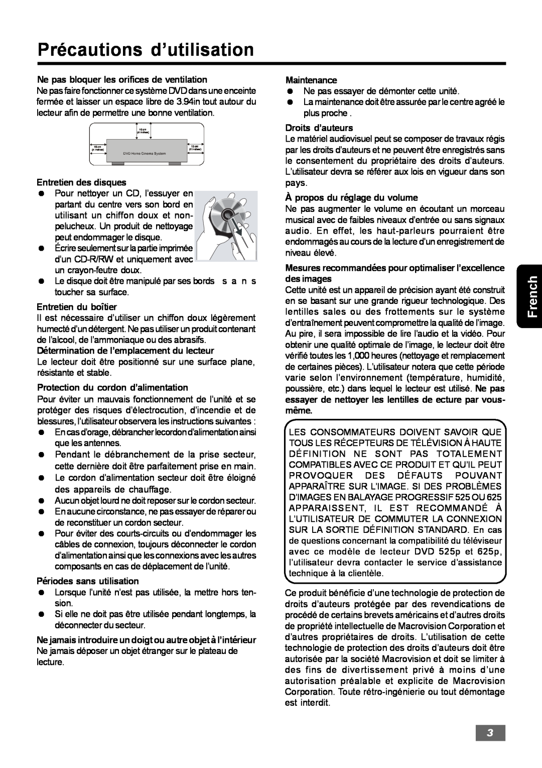 Insignia IS-HTIB102731 owner manual Précautions d’utilisation, French 